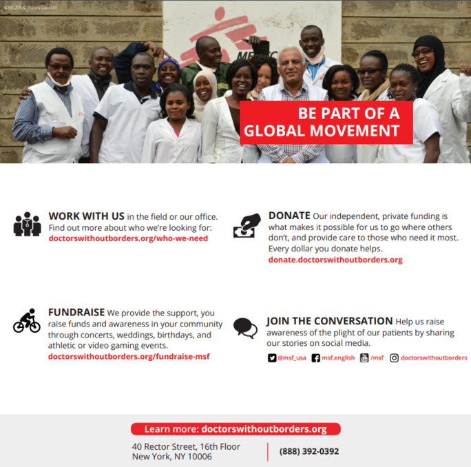 Doctors Without Borders explains how supporters can be part of a global movement with great nonprofit brochure design. 