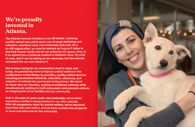 Atlanta Humane Society's brochure has great nonprofit graphic design features such as a clear image of a dog and a volunteer. 