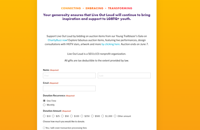 Live Out Loud's website design features an accessible donation form. 