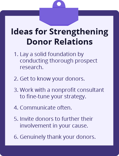 This is a list of tips for strengthening donor relationships.