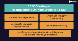 This graphic lists 5 strategies for search engine optimization for nonprofits, all of which are described in the text below. 
