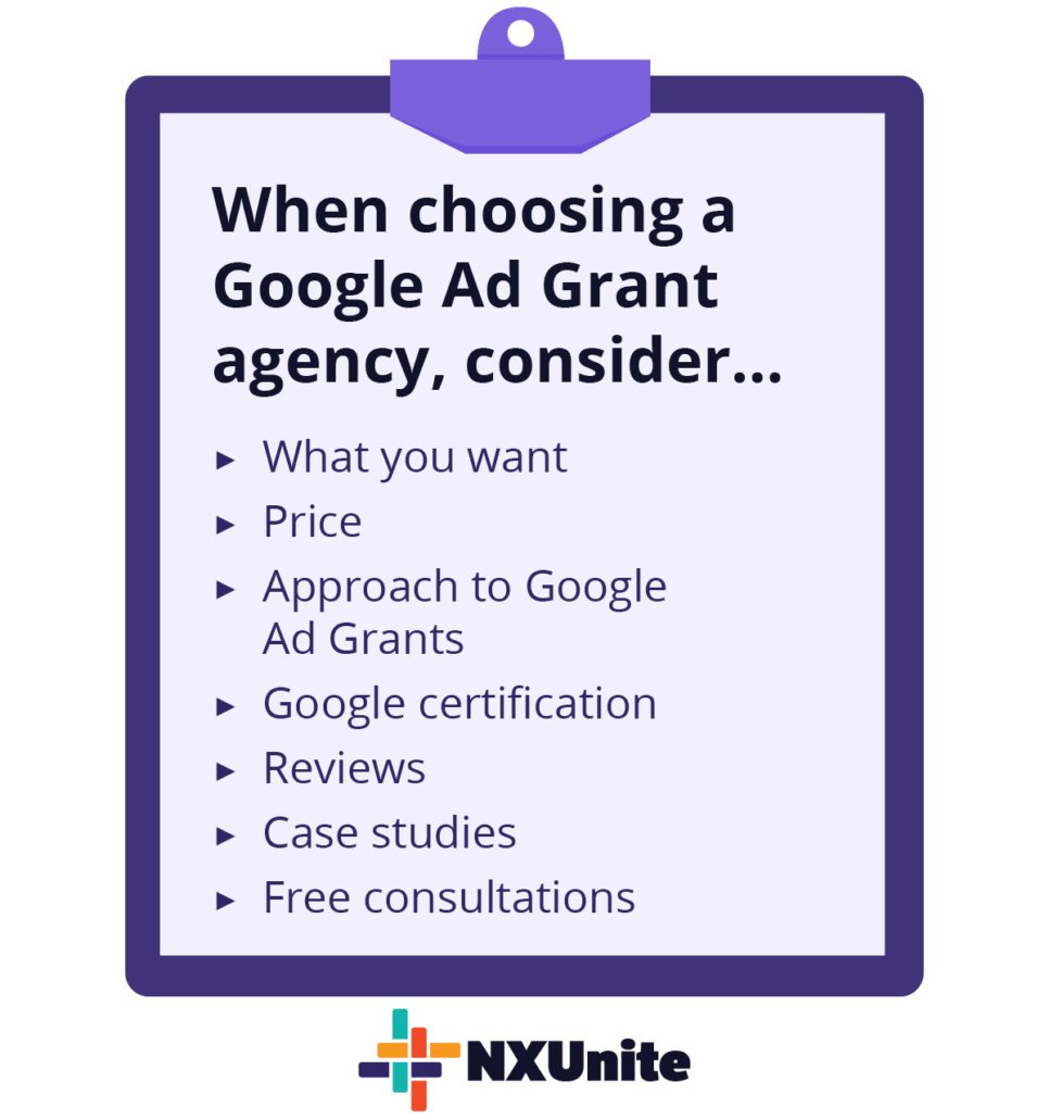 This clipboard image lists some tips for choosing a Google Ad Grant agency, also covered in the text below.