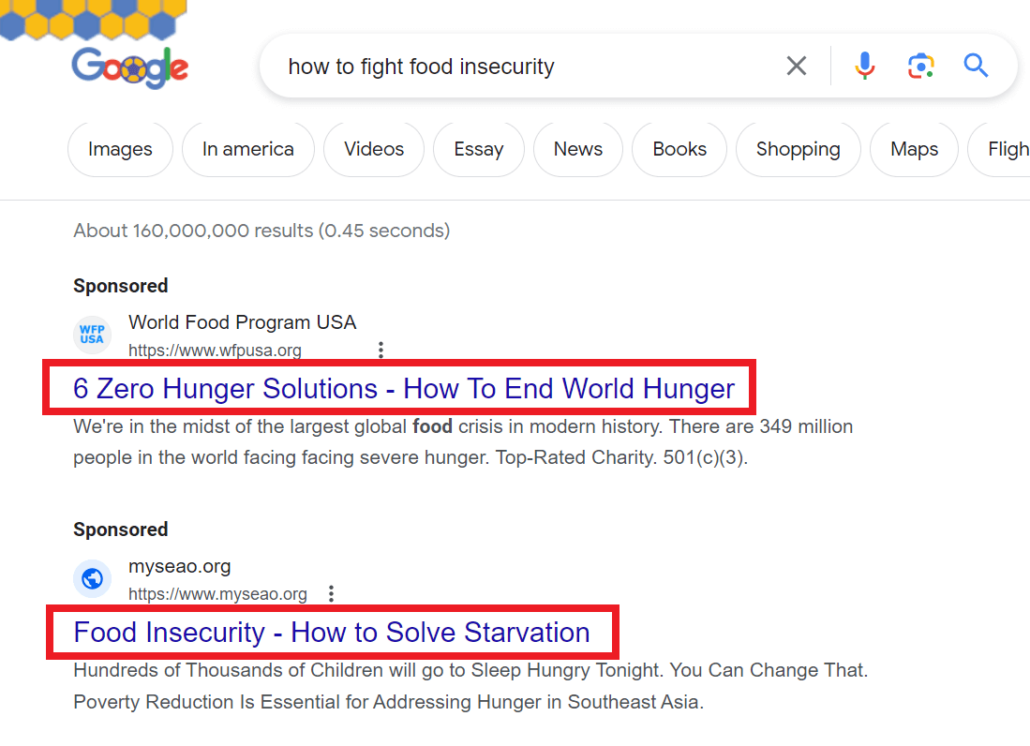 This screenshot of a SERP shows the top ranking headlines for the search term "how to fight food insecurity" and is an example of how to optimize a Google Grant account. 