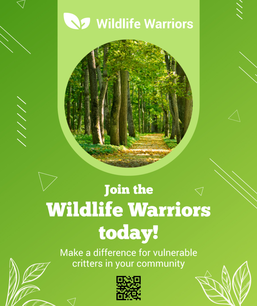 This image shows a flyer representing a fictional “Wildlife Warriors” ambassador program. It’s encouraging people to get involved by scanning a QR code.