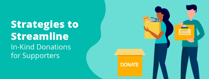 The title of this article on a mint green background to the left of a graphic of two individuals collecting in-kind donations.