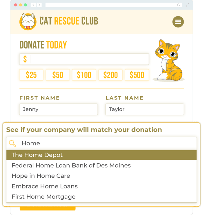 An illustration of a matching gift search tool embedded in the Cat Rescue Club’s online donation form