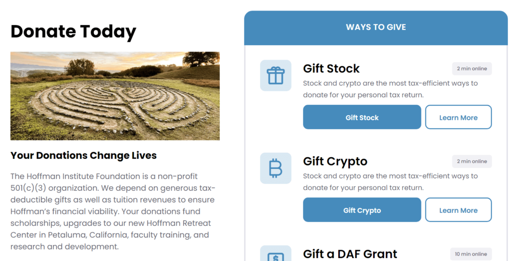 Screenshot of The Hoffman Institute’s Ways to Give page, which discusses cryptocurrency donations