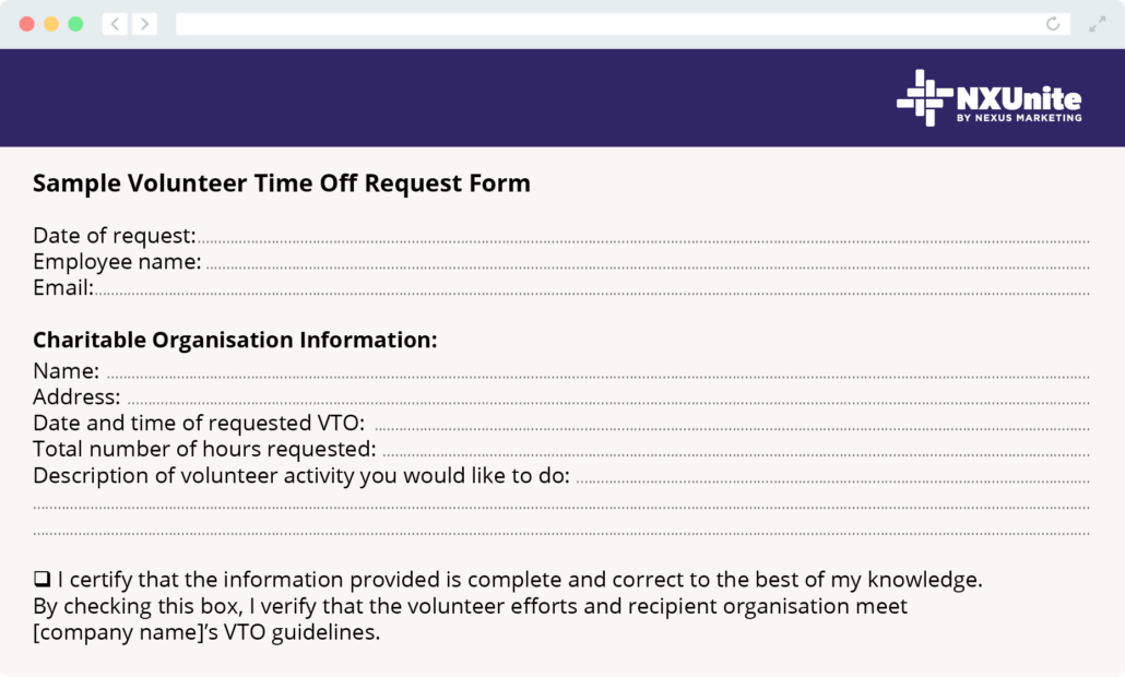 An example volunteer time off request form that asks for information about the employee and nonprofit.