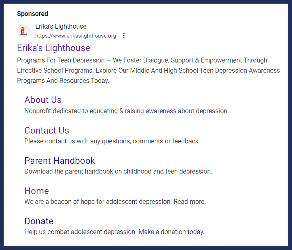 A screenshot of a search ad for the nonprofit Erika’s Lighthouse. 